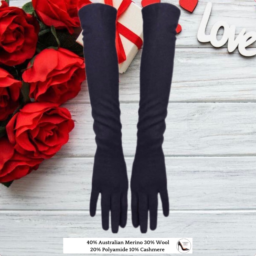 Long Cashmere Merino Wool Gloves Classical Black Opera Driving Winter Warm Glove